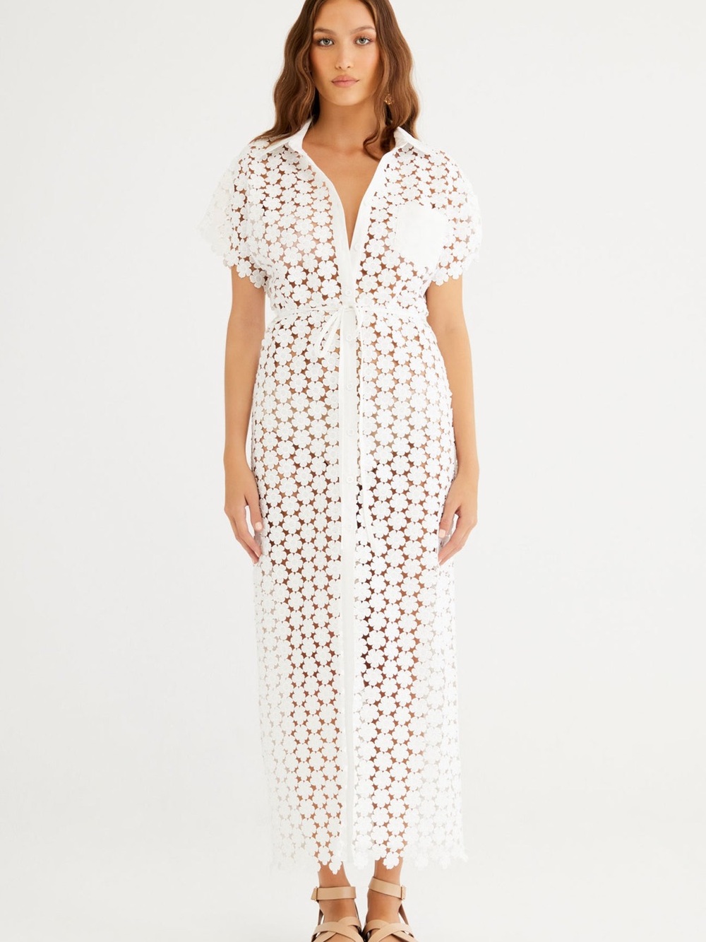 Rumer Capri Long Shirt Dress Women’s White Maxi Dress with Tie Waist see through